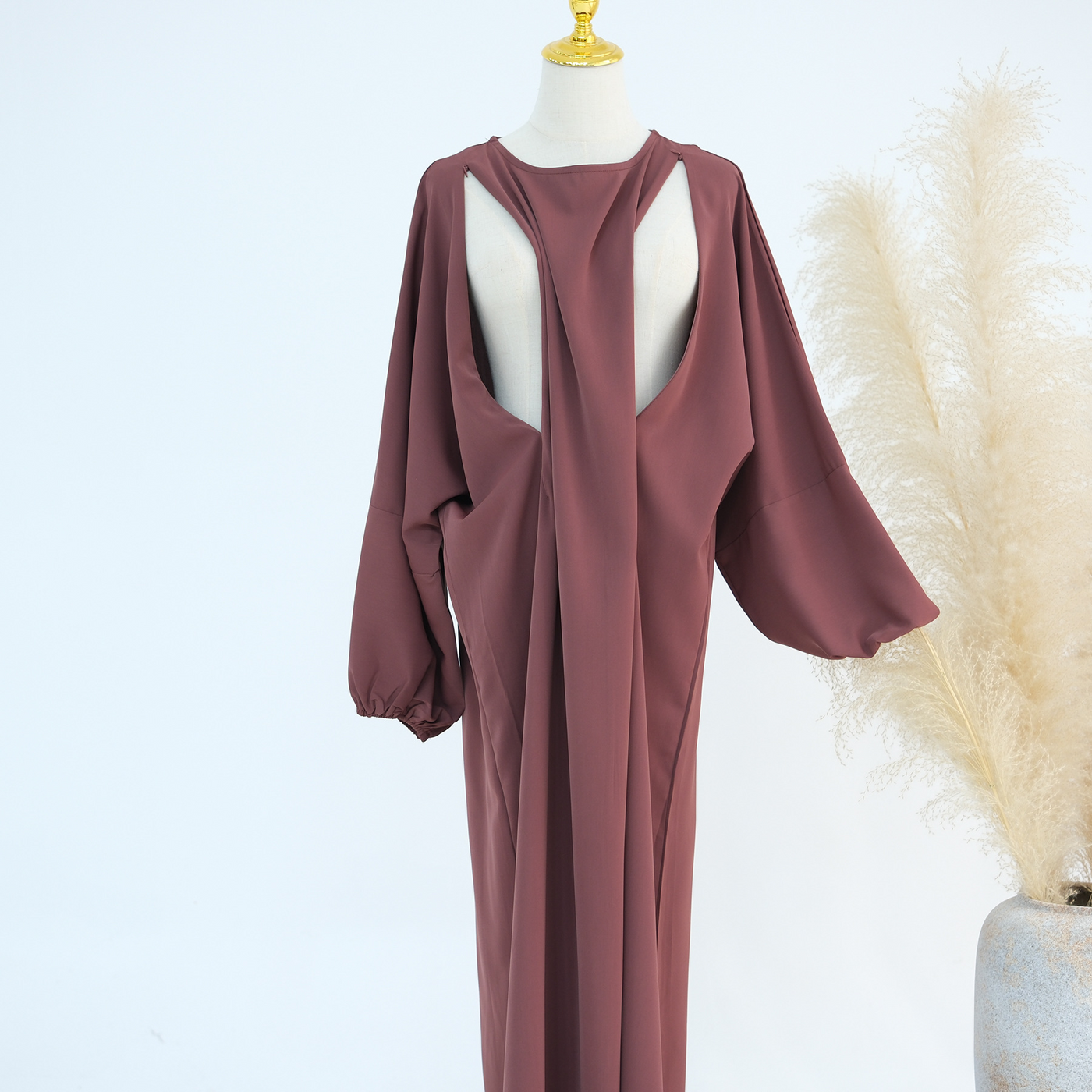 LM091 Nursing-Friendly Abaya Dress – Puff Sleeve, Round Neck Maxi