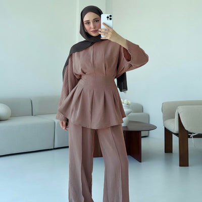 LM307 Ice Silk Two-Piece Set – Peplum Tunic & Wide Leg Pants Modest Outfit