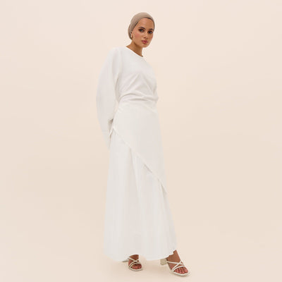 LM306 Cotton Linen Two-Piece Set – Asymmetric Top & Maxi Skirt Modest Outfit