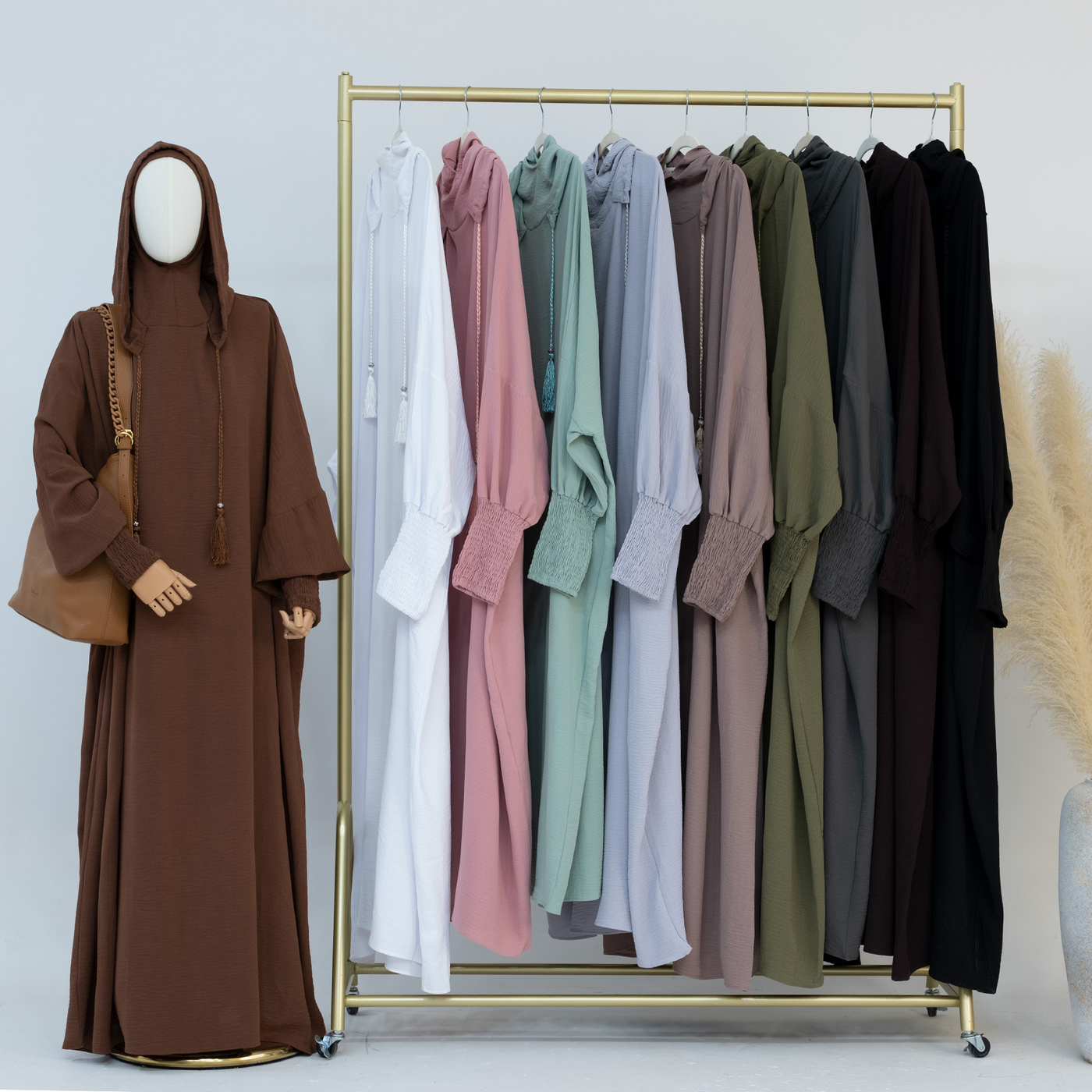 LM220 Hooded Abaya Dress for Women – Batwing Sleeve, Drawstring Hood, Shirred Cuffs, Solid Color