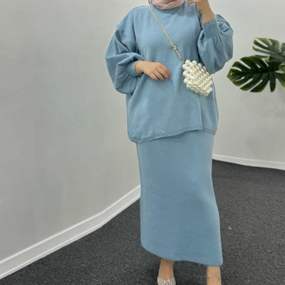 LM224 Winter Knit Modest Set – 2-Piece Co-ord (Long-Sleeve Top + Maxi Knit Skirt) | Hijab-Friendly, Opaque & Warm