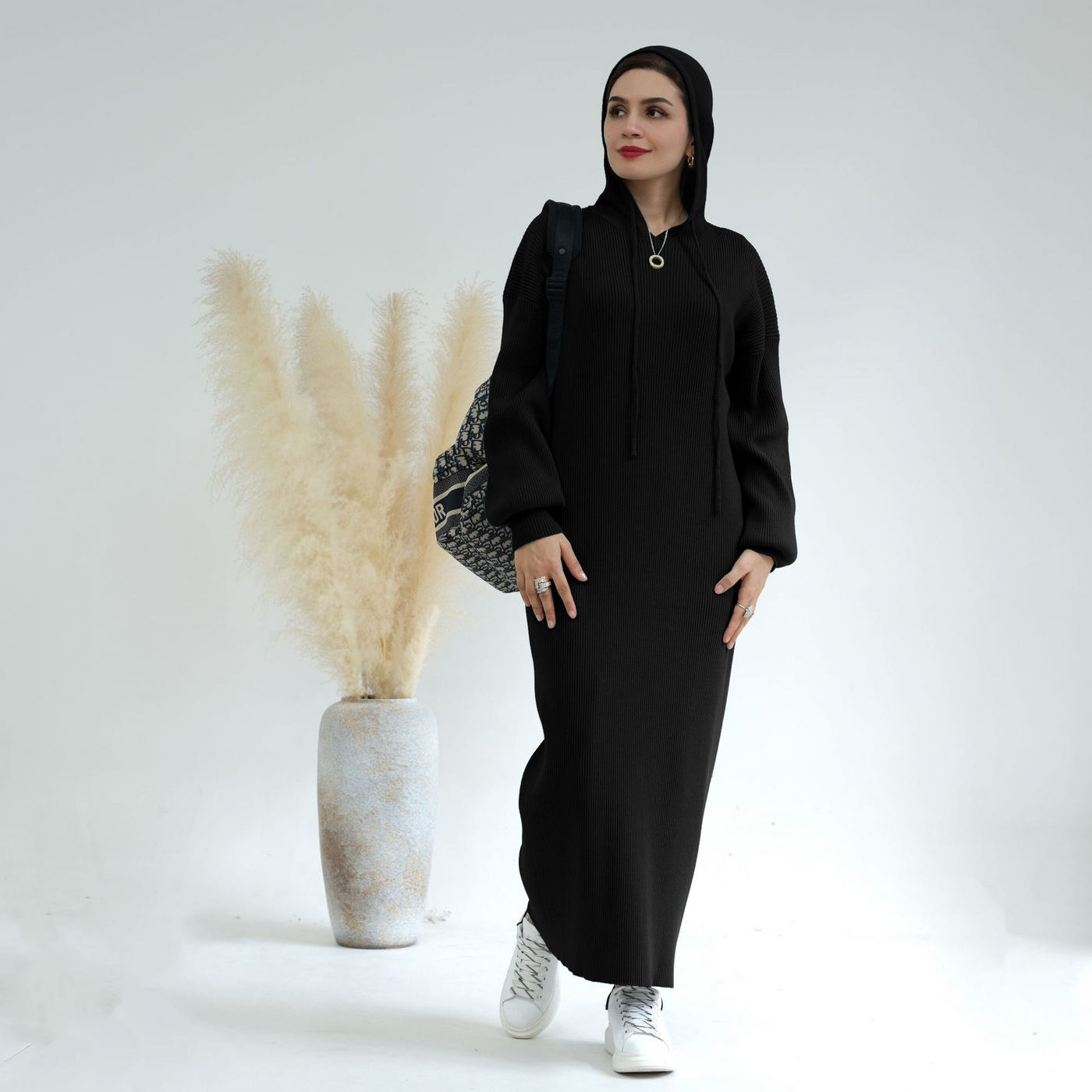 LM228 Hooded Abaya for Women – Thick-Knit Oversized Sweater Dress