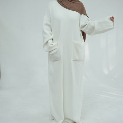 LM227 Winter Abaya with Pockets – Belted Long Sleeve Modest Dress