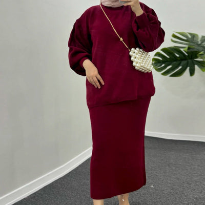 LM224 Winter Knit Modest Set – 2-Piece Co-ord (Long-Sleeve Top + Maxi Knit Skirt) | Hijab-Friendly, Opaque & Warm