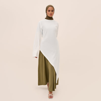 LM306 Cotton Linen Two-Piece Set – Asymmetric Top & Maxi Skirt Modest Outfit