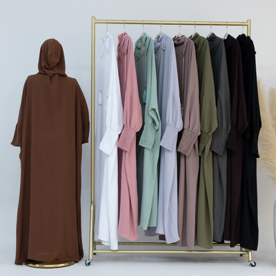 LM220 Hooded Abaya Dress for Women – Batwing Sleeve, Drawstring Hood, Shirred Cuffs, Solid Color