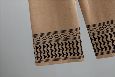 LM221 Abaya 3-Piece Set – Cardigan, Mock-Neck Top & Wide-Leg Pants with Geometric Jacquard Cuffs & Hem | Modest Winter Layering