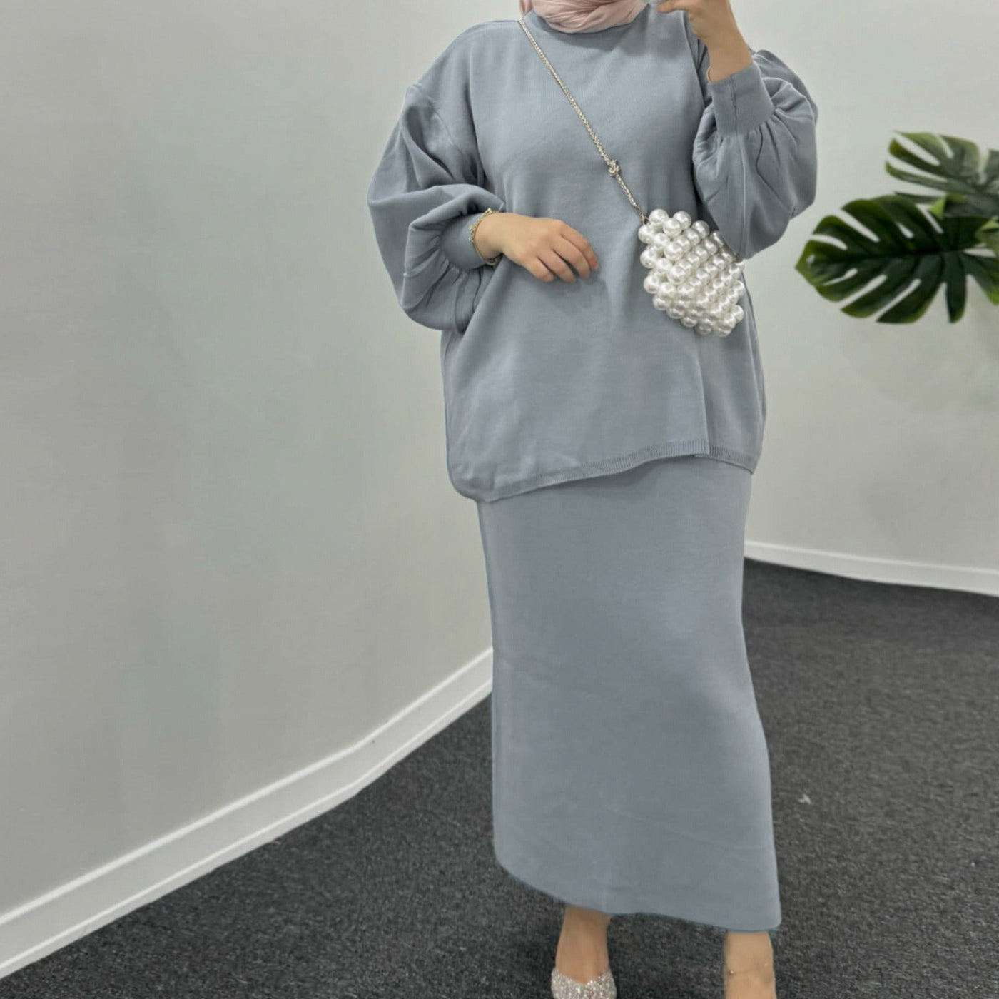 LM224 Winter Knit Modest Set – 2-Piece Co-ord (Long-Sleeve Top + Maxi Knit Skirt) | Hijab-Friendly, Opaque & Warm
