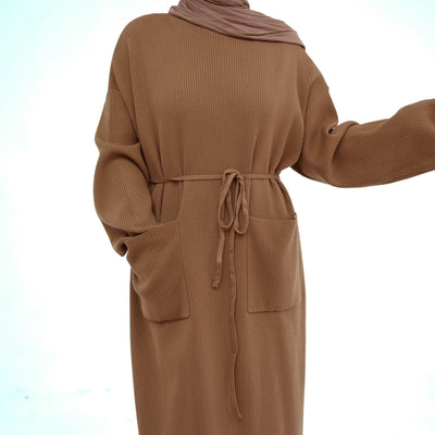 LM227 Winter Abaya with Pockets – Belted Long Sleeve Modest Dress