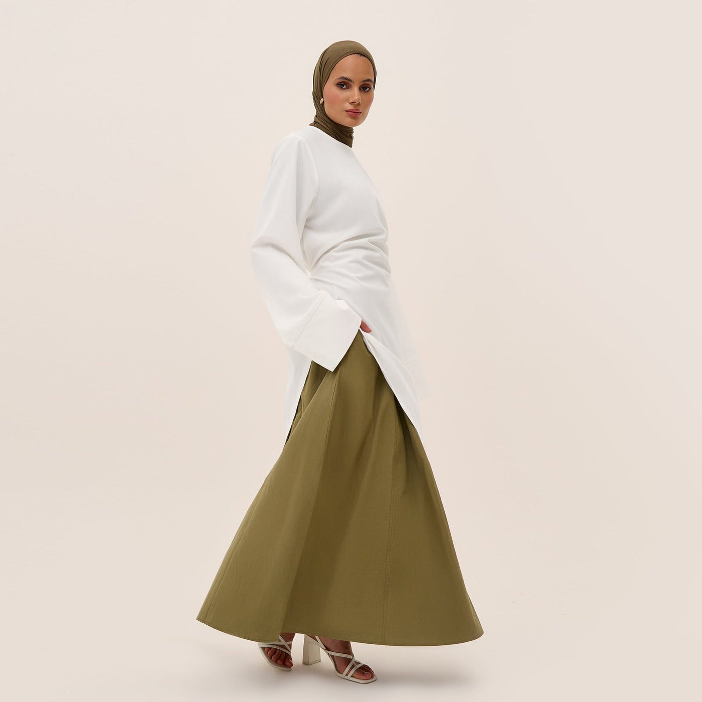 LM306 Cotton Linen Two-Piece Set – Asymmetric Top & Maxi Skirt Modest Outfit