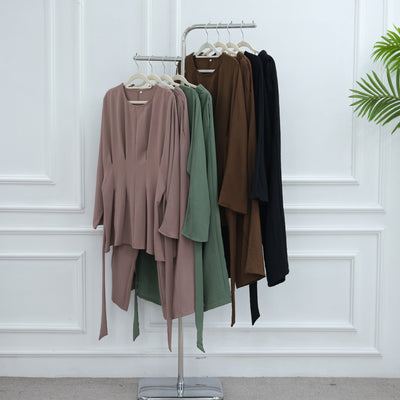 LM307 Ice Silk Two-Piece Set – Peplum Tunic & Wide Leg Pants Modest Outfit