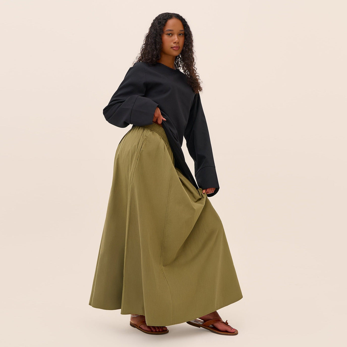 LM306 Cotton Linen Two-Piece Set – Asymmetric Top & Maxi Skirt Modest Outfit