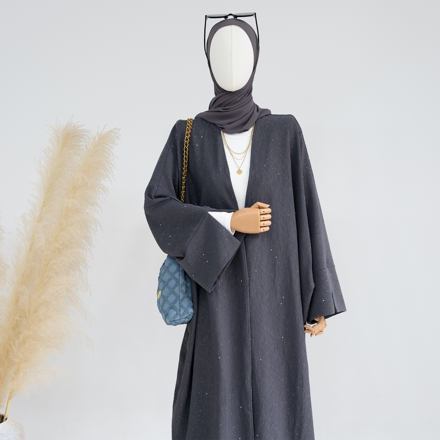 LM223 Crinkle Open Abaya – Textured Maxi Duster with Wide Sleeves, Winter Layering, Tall 60-Inch Length Option (S–XXL)