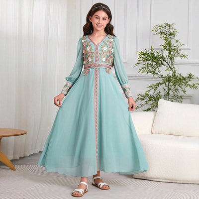 LM218 Girls Eid Dress – Embroidered V-Neck, Long Sleeve Modest Party Gown (8–12Y)