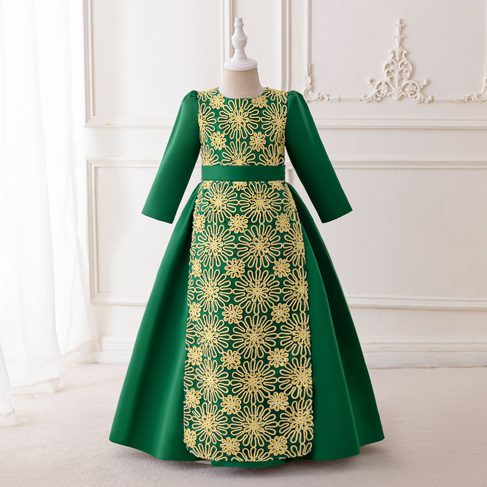 LM205 Girls Eid Dress – Long Sleeve Modest Muslim Party Gown, Embroidered, Full Length (4–7Y)