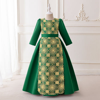 LM205 Girls Eid Dress – Long Sleeve Modest Muslim Party Gown, Embroidered, Full Length (4–7Y)