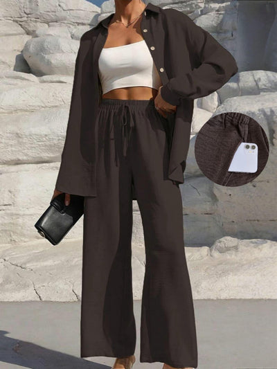 LM131 Women’s Solid Button Front Shirt& Tie Front Wide Leg Pants With Pocket Tow-piece Set