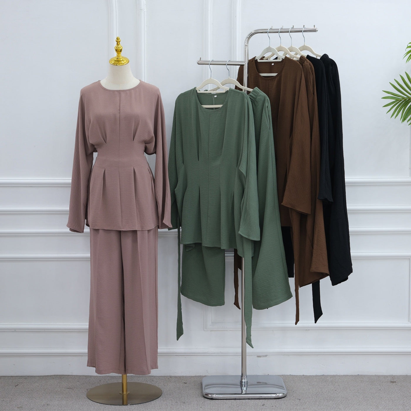 LM307 Ice Silk Two-Piece Set – Peplum Tunic & Wide Leg Pants Modest Outfit
