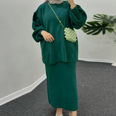 LM224 Winter Knit Modest Set – 2-Piece Co-ord (Long-Sleeve Top + Maxi Knit Skirt) | Hijab-Friendly, Opaque & Warm