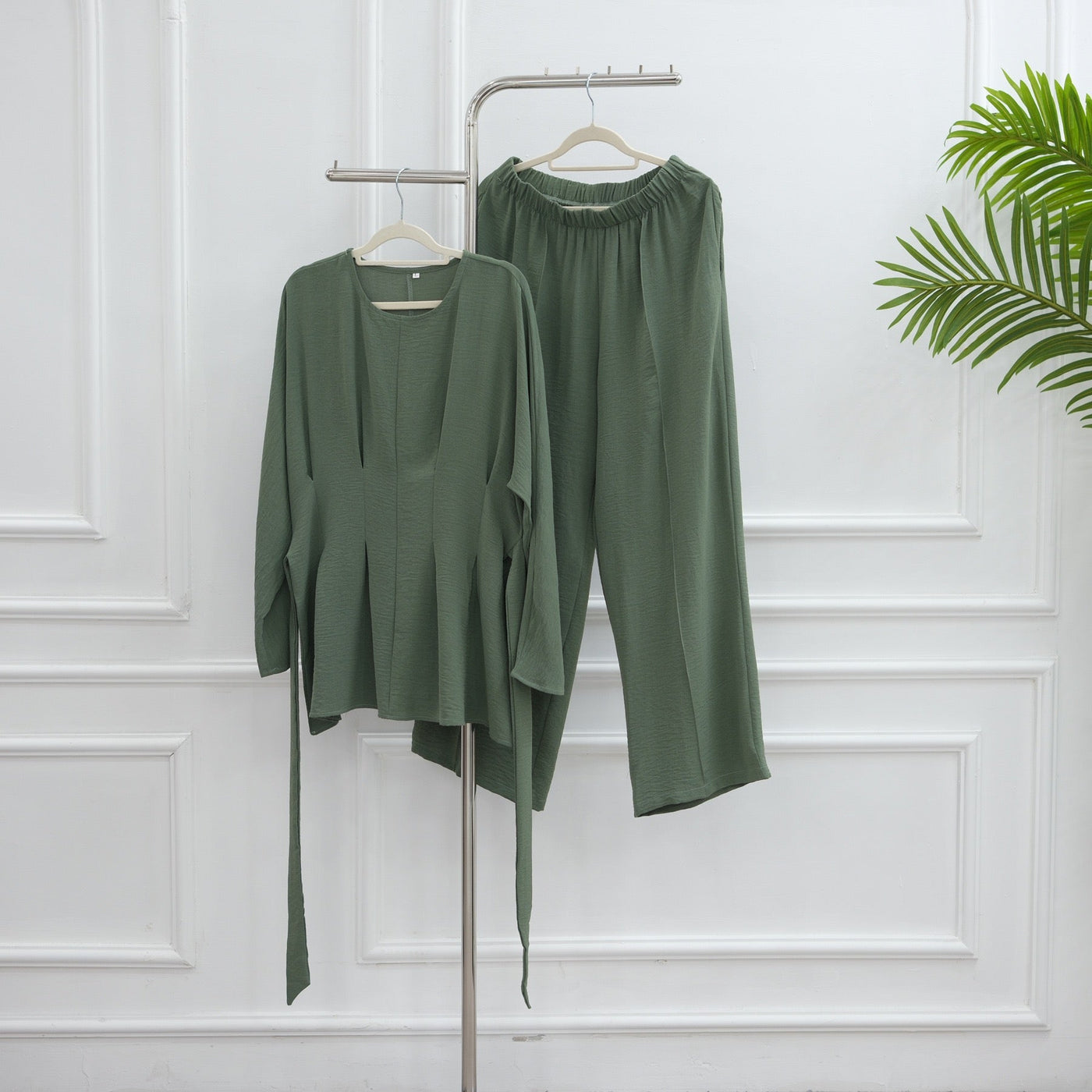 LM307 Ice Silk Two-Piece Set – Peplum Tunic & Wide Leg Pants Modest Outfit