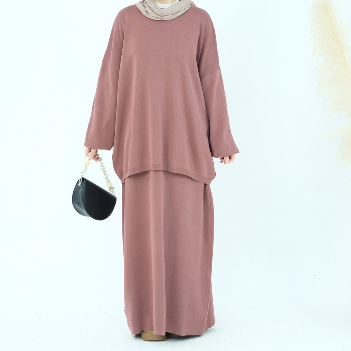 LM224 Winter Knit Modest Set – 2-Piece Co-ord (Long-Sleeve Top + Maxi Knit Skirt) | Hijab-Friendly, Opaque & Warm