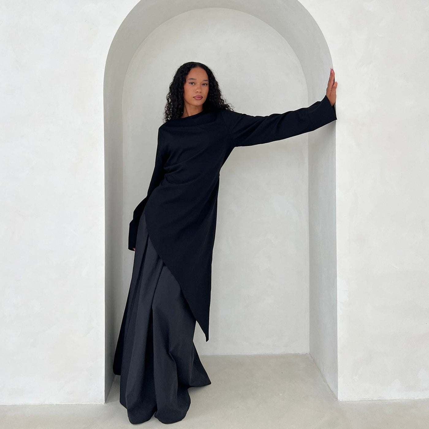 LM306 Cotton Linen Two-Piece Set – Asymmetric Top & Maxi Skirt Modest Outfit