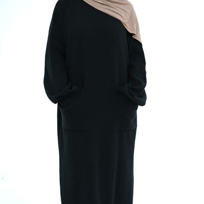 LM227 Winter Abaya with Pockets – Belted Long Sleeve Modest Dress