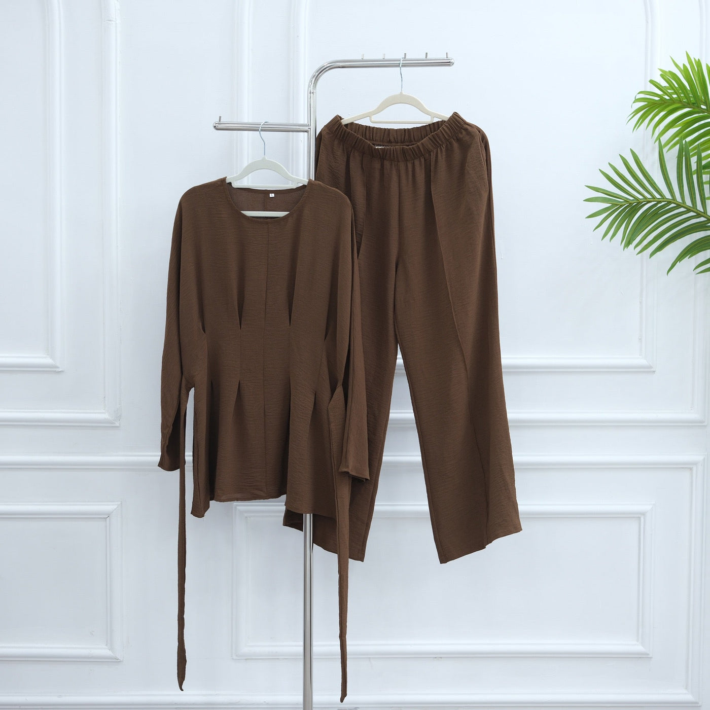 LM307 Ice Silk Two-Piece Set – Peplum Tunic & Wide Leg Pants Modest Outfit