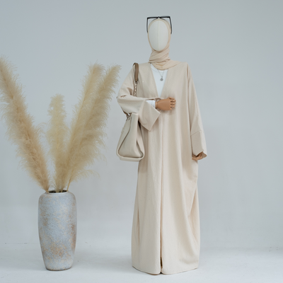 LM223 Crinkle Open Abaya – Textured Maxi Duster with Wide Sleeves, Winter Layering, Tall 60-Inch Length Option (S–XXL)