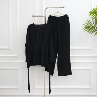 LM307 Ice Silk Two-Piece Set – Peplum Tunic & Wide Leg Pants Modest Outfit