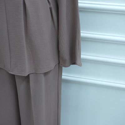 LM307 Ice Silk Two-Piece Set – Peplum Tunic & Wide Leg Pants Modest Outfit