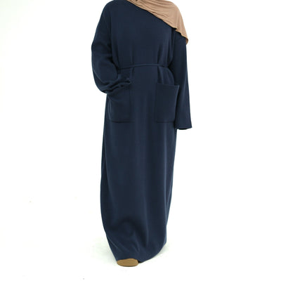 LM227 Winter Abaya with Pockets – Belted Long Sleeve Modest Dress