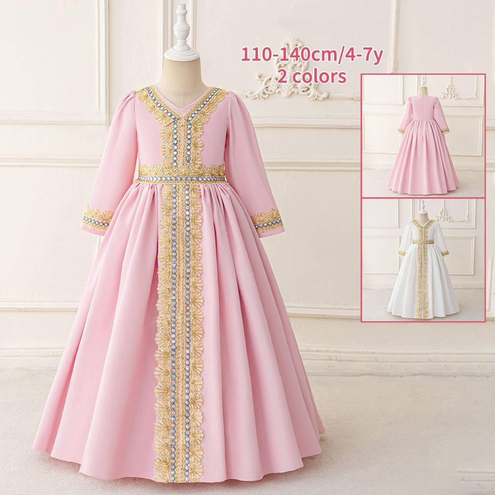 LM215 Girls Eid Dress – Long Sleeve Modest Muslim Party Gown, Embroidered, Full Length (4–7Y)