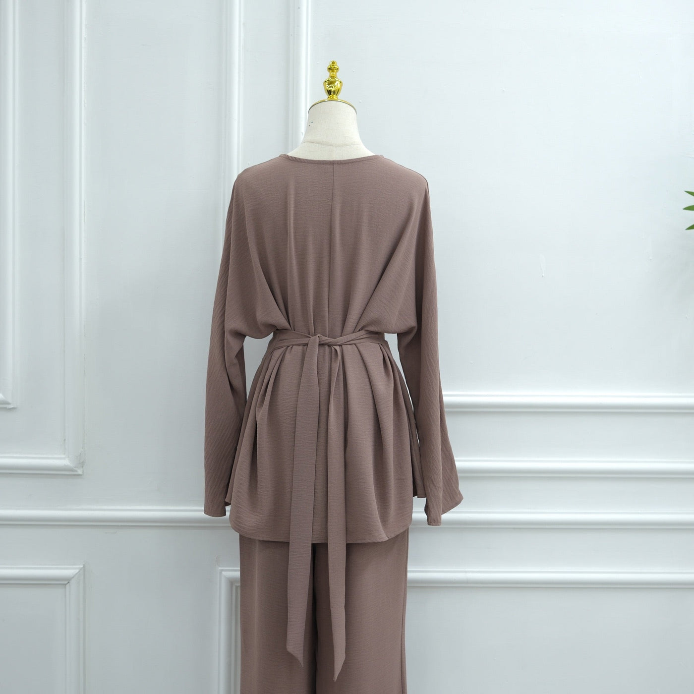 LM307 Ice Silk Two-Piece Set – Peplum Tunic & Wide Leg Pants Modest Outfit