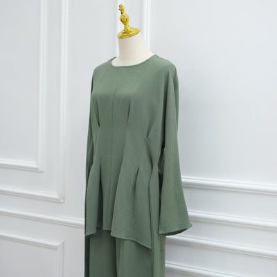 LM307 Ice Silk Two-Piece Set – Peplum Tunic & Wide Leg Pants Modest Outfit