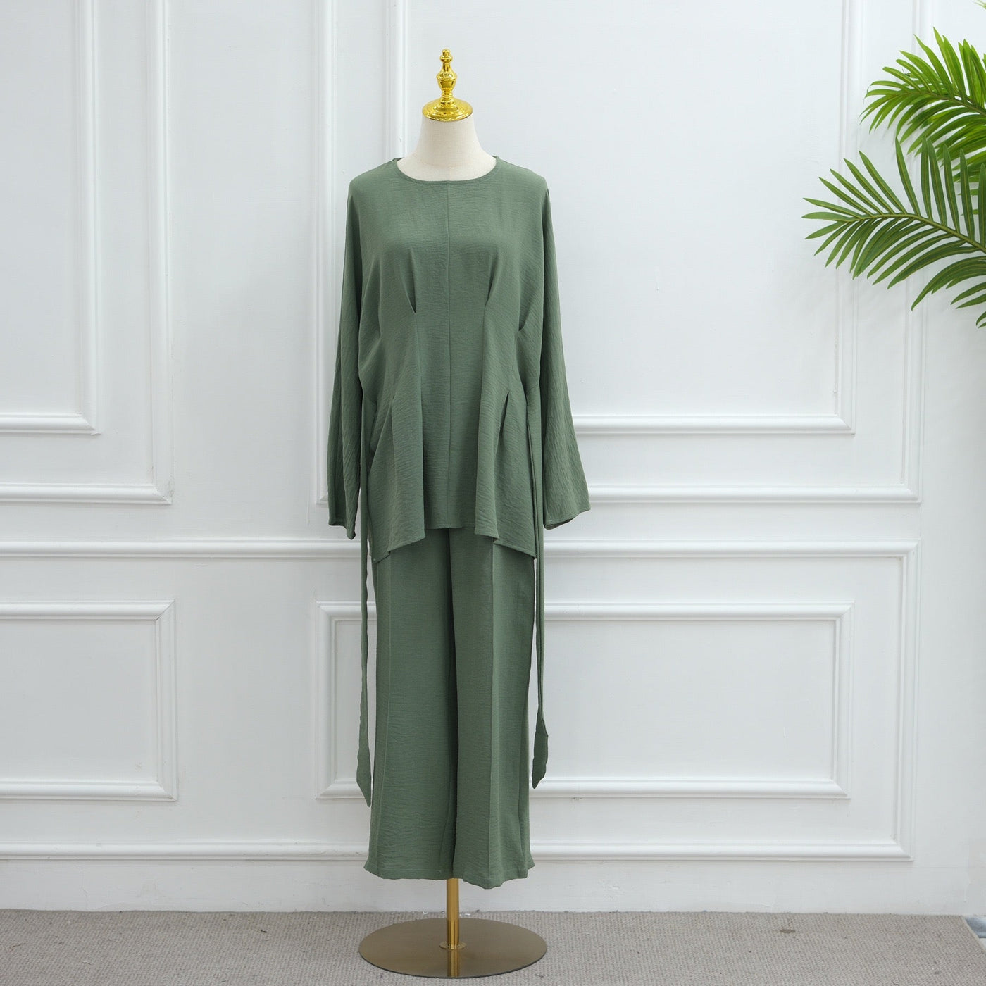 LM307 Ice Silk Two-Piece Set – Peplum Tunic & Wide Leg Pants Modest Outfit