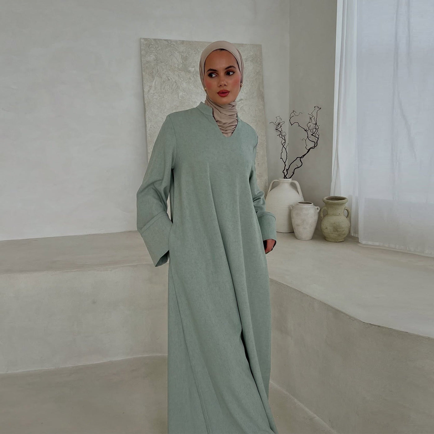 LM308 Abaya Dress with Pockets – Long Sleeve Maxi with Wide Cuffs