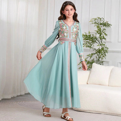 LM218 Girls Eid Dress – Embroidered V-Neck, Long Sleeve Modest Party Gown (8–12Y)