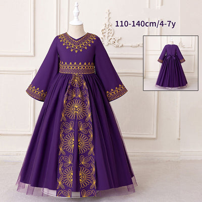 LM216 Girls Eid Dress – Long Sleeve Modest Muslim Party Gown, Embroidered, Full Length (4–7Y)