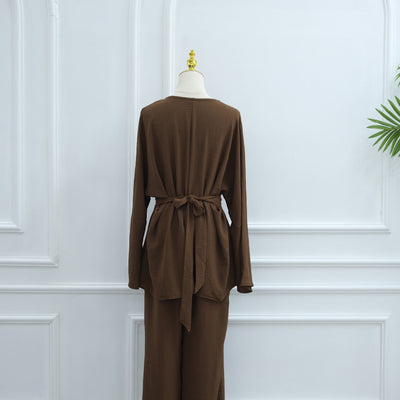 LM307 Ice Silk Two-Piece Set – Peplum Tunic & Wide Leg Pants Modest Outfit