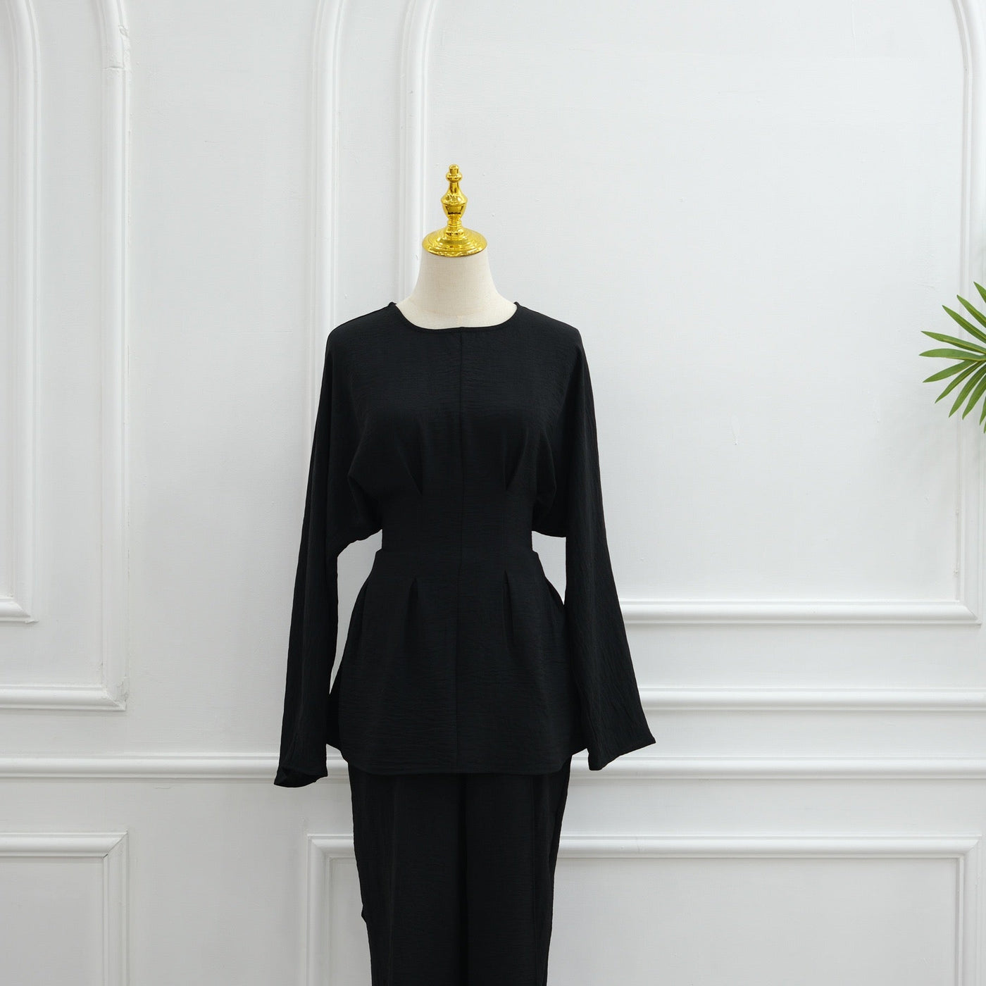 LM307 Ice Silk Two-Piece Set – Peplum Tunic & Wide Leg Pants Modest Outfit