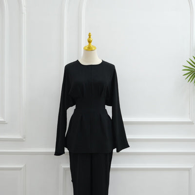 LM307 Ice Silk Two-Piece Set – Peplum Tunic & Wide Leg Pants Modest Outfit