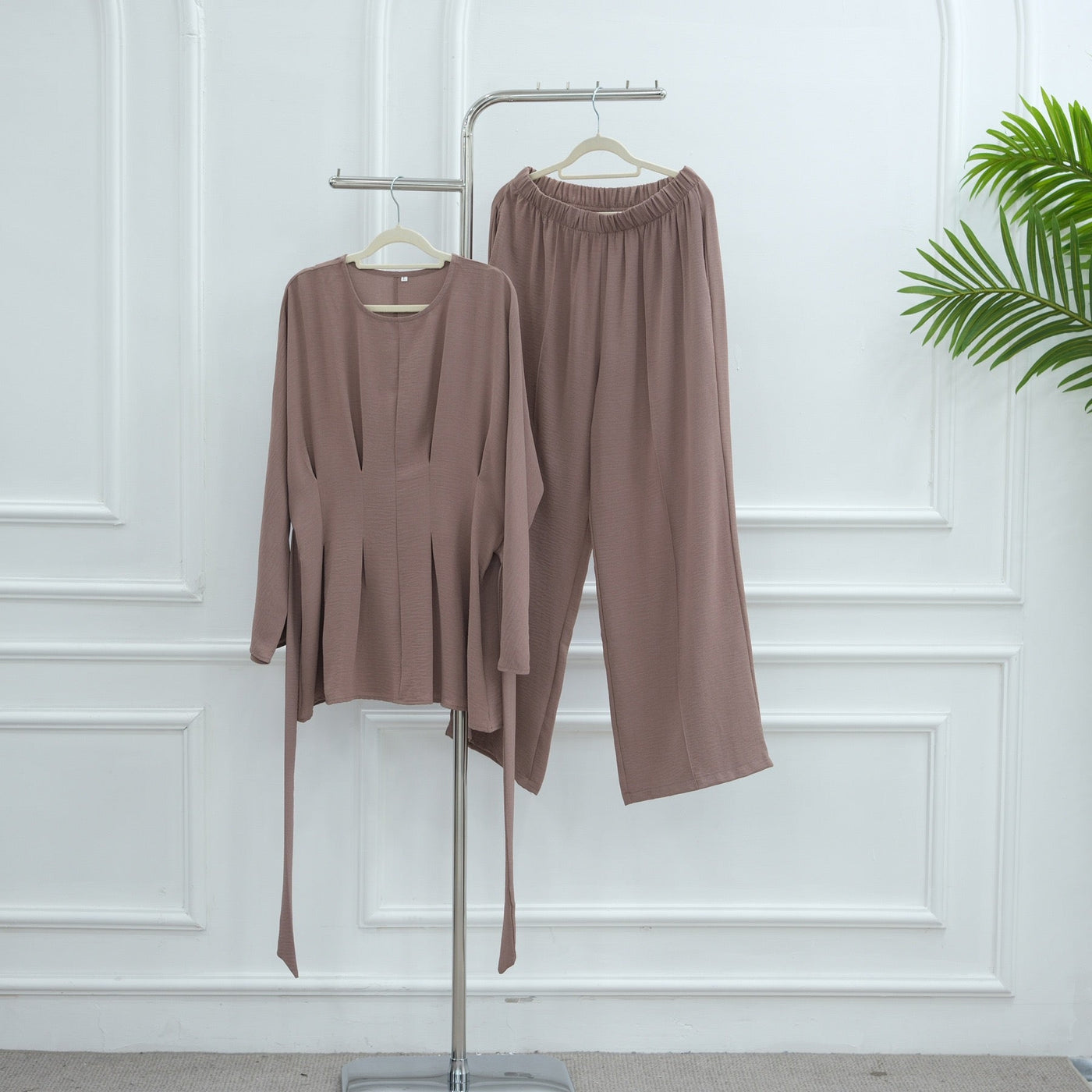 LM307 Ice Silk Two-Piece Set – Peplum Tunic & Wide Leg Pants Modest Outfit