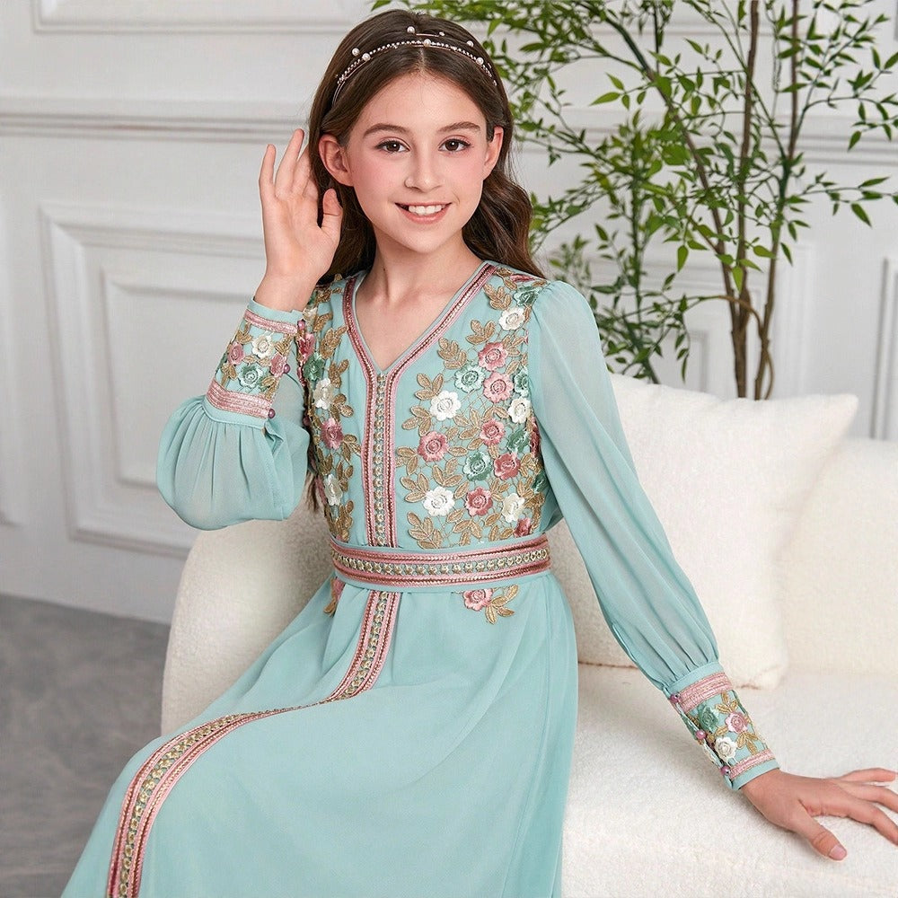 LM218 Girls Eid Dress – Embroidered V-Neck, Long Sleeve Modest Party Gown (8–12Y)