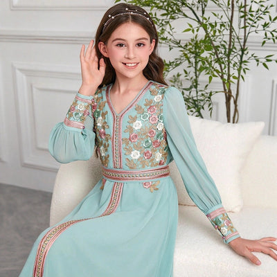 LM218 Girls Eid Dress – Embroidered V-Neck, Long Sleeve Modest Party Gown (8–12Y)