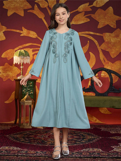 LM219 Girls Eid Dress – Embellished V-Neck, Long Sleeve Modest Party Gown (8–12Y)