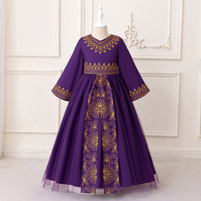 LM216 Girls Eid Dress – Long Sleeve Modest Muslim Party Gown, Embroidered, Full Length (4–7Y)