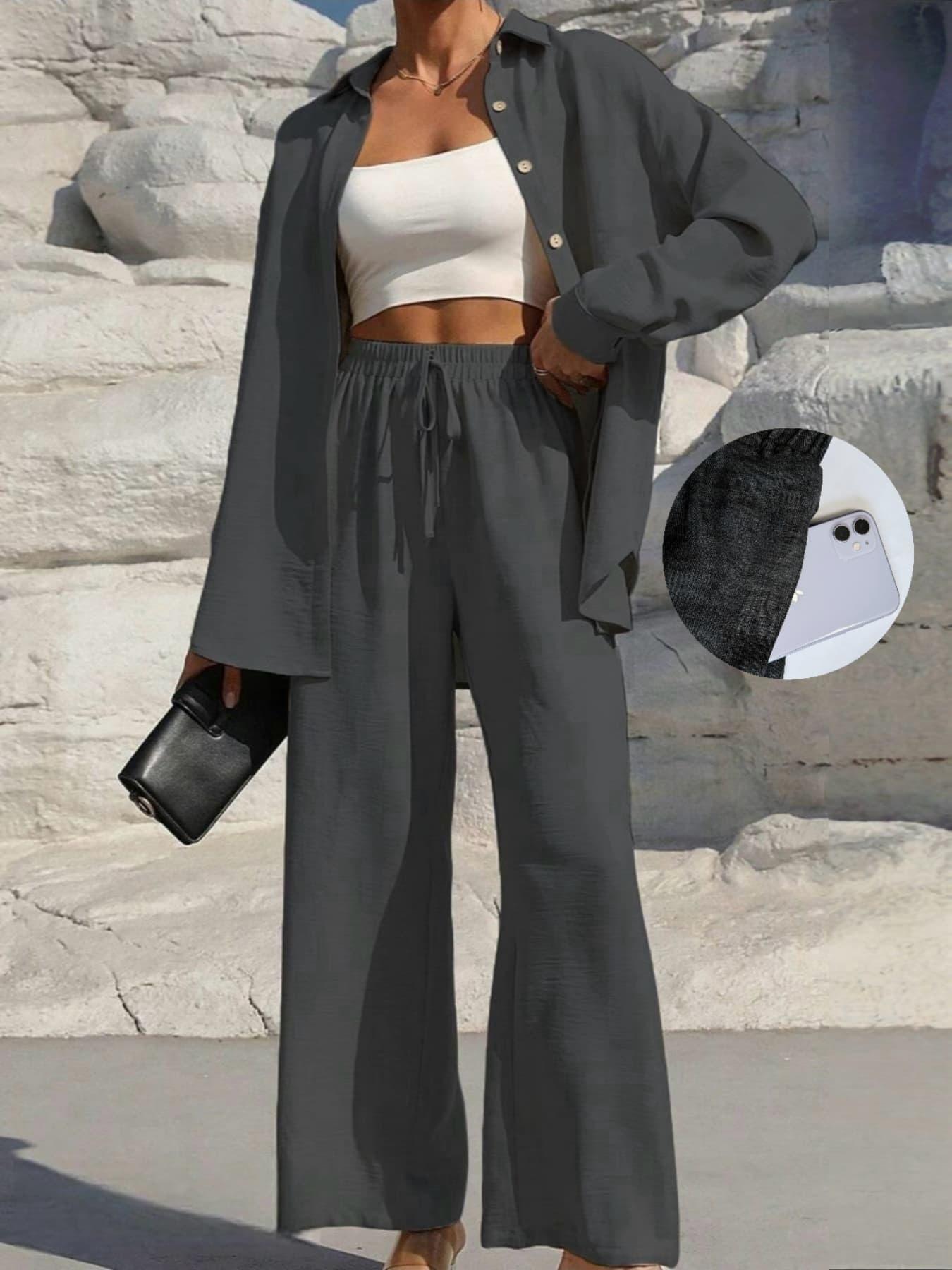 LM131 Women’s Solid Button Front Shirt& Tie Front Wide Leg Pants With Pocket Tow-piece Set