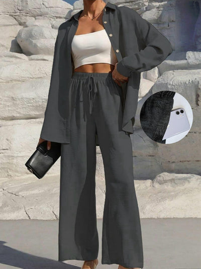 LM131 Women’s Solid Button Front Shirt& Tie Front Wide Leg Pants With Pocket Tow-piece Set