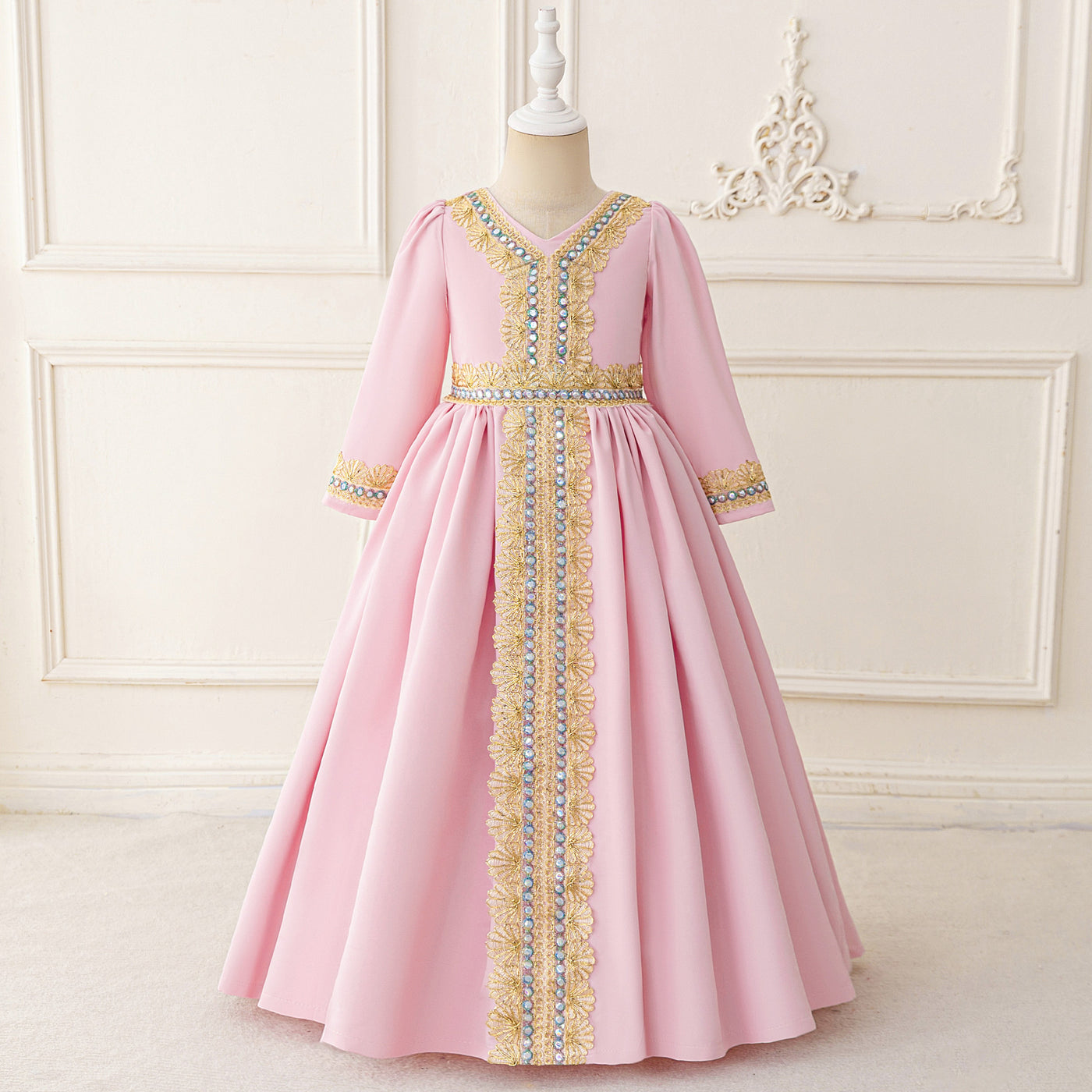 LM215 Girls Eid Dress – Long Sleeve Modest Muslim Party Gown, Embroidered, Full Length (4–7Y)